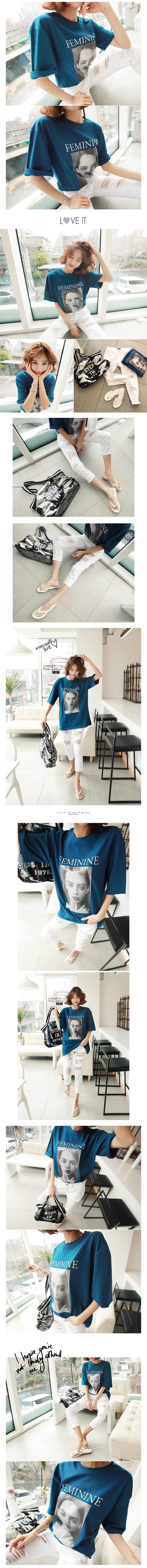 KOREA FEMININE Graphic Oversized T-Shirt #Cobalt Blue One Size(S-M) [Free Shipping]