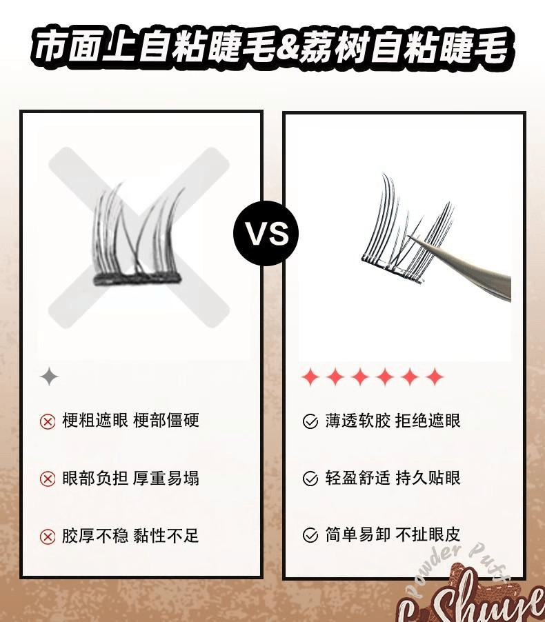 【中国直邮】 荔树 纯欲猫耳朵免胶假睫毛 可重复使用眼睫毛贴自带胶水自然 48簇/盒