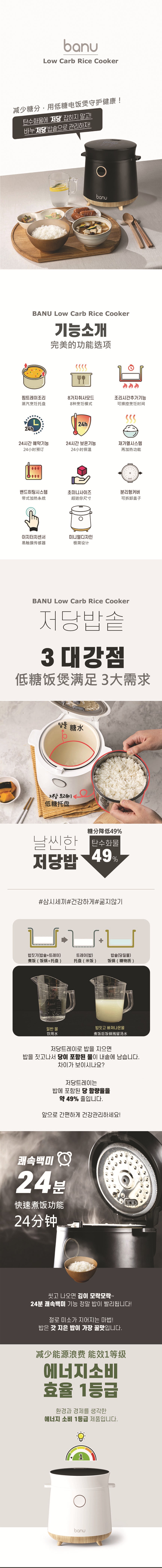韩国 BANU 高颜值减糖电饭煲 低碳水化合物 多功能 LED 一键式烹饪 白色 1.5 升 脱糖电饭煲
