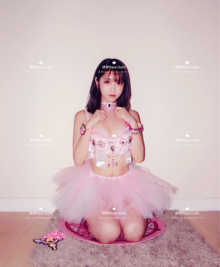 JIAOJIAO Pink Cute Bowknot with Diamond LED tutu Rave Outfit