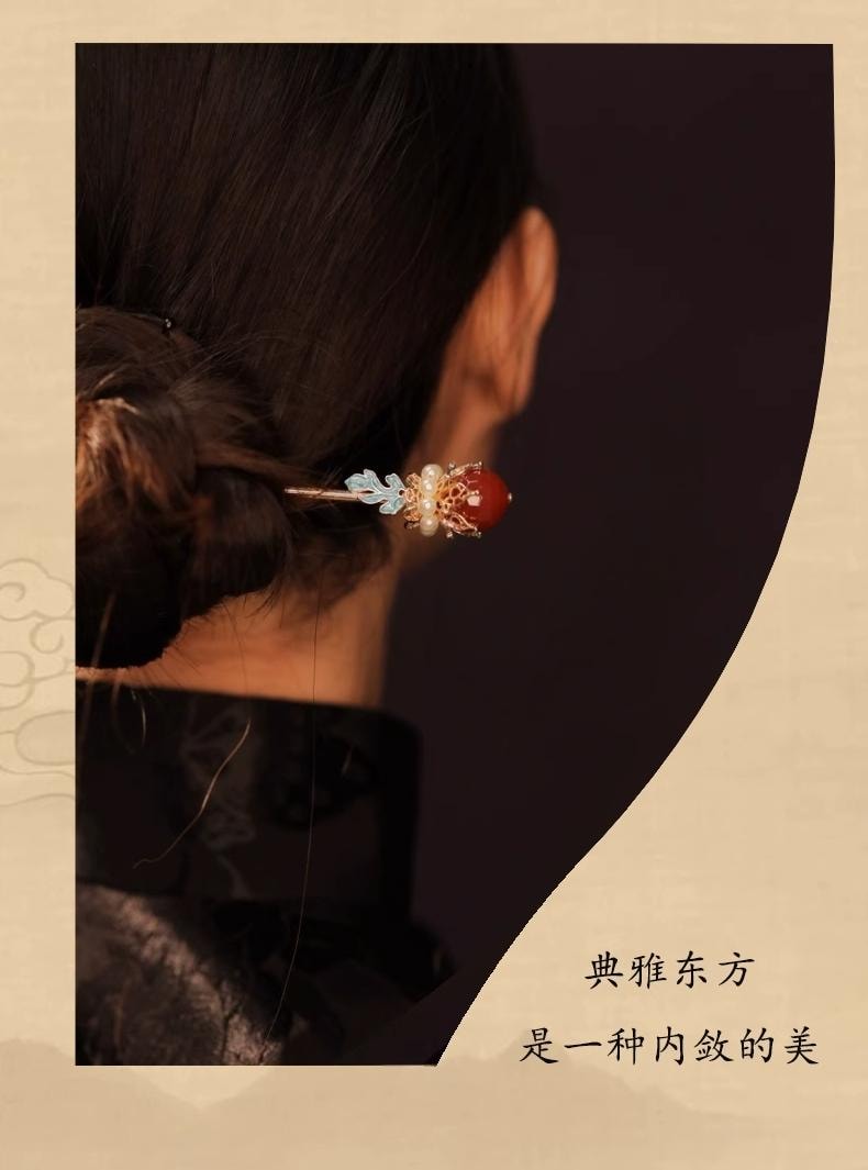 【绾韵祈安】新中式烤蓝红色旗袍发簪 手工古风盘发金属流苏簪子 日常百搭 高级感汉服头饰