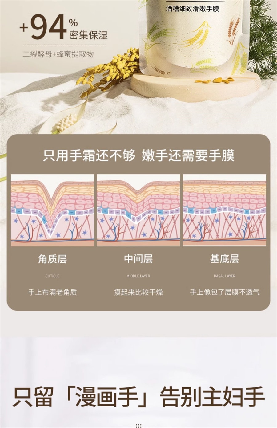 【中国直邮】黛诗涵 酒糟手膜细嫩双手细纹嫩白保湿补水手部护理手脚摸霜手套女 300g