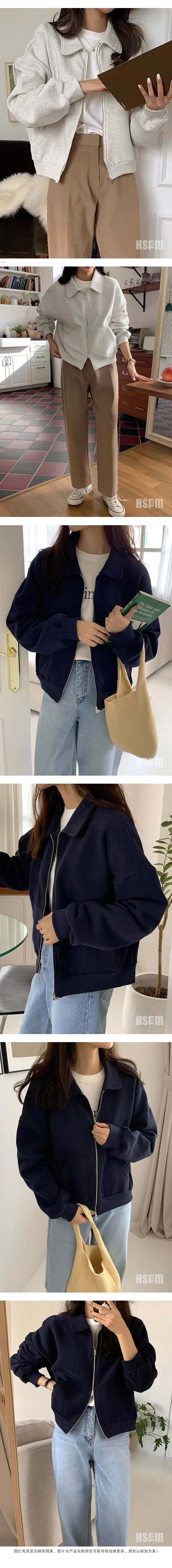 【中国直邮】 HSPM 新款宽松双头拉链减龄翻领开衫卫衣外套 白灰色 M