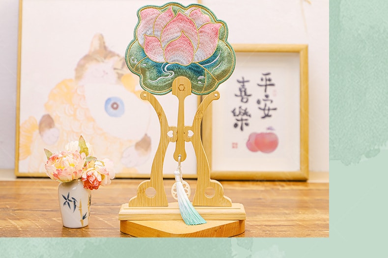 Hand-Shaped Embroidery Fan Decorative Portable Cultural Fan -Lotus Style 1 Piece