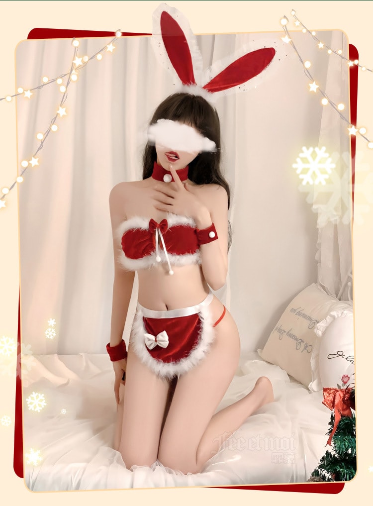 【中國直郵】霏慕 聖誕裝兔兔毛絨三點式套裝 情趣內衣紅色 制服惑紅套裝
