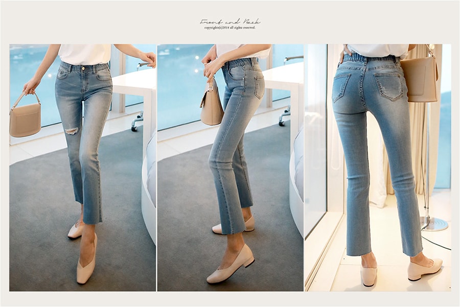 KOREA Mid-High Rise Straight Crop Jeans with Elastic Waistband #Blue S(25-26) [Free Shipping]