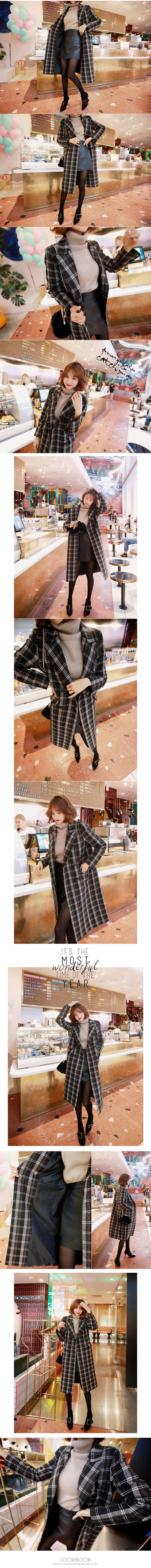 Checked Double-Breasted Wool-Blend Long Coat #Black&amp;Brown One Size(S-M) [Free Shipping]