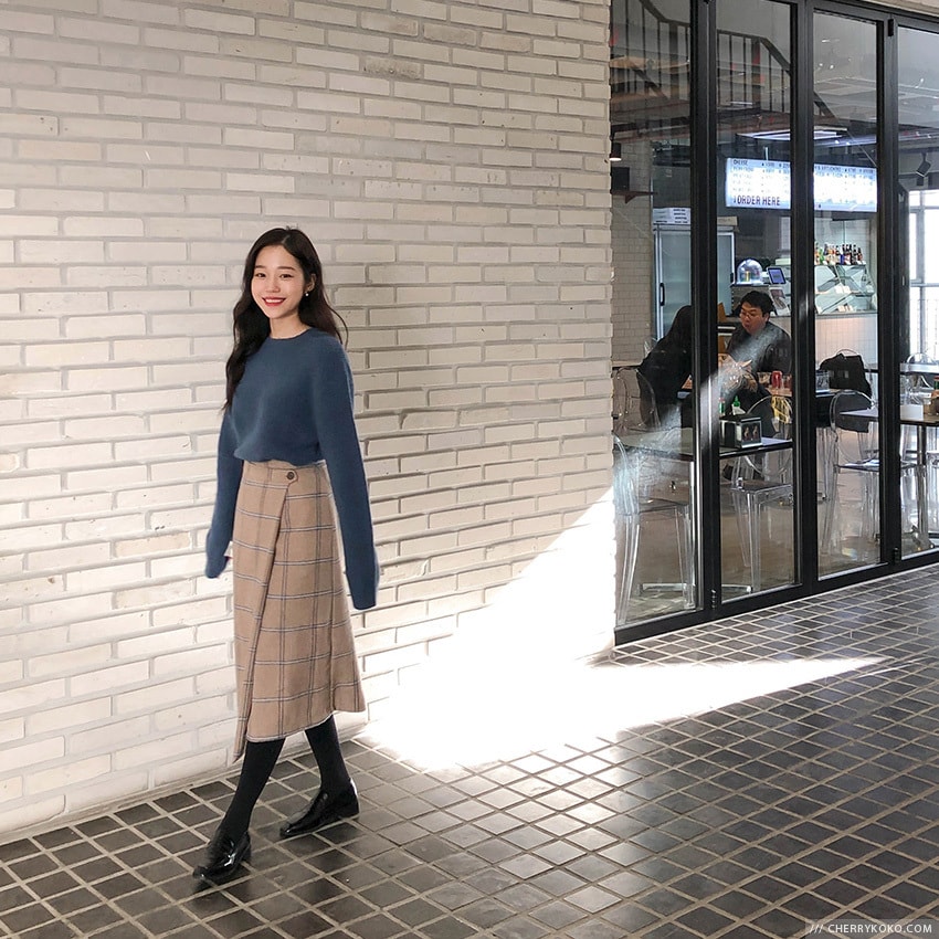 【韩国直邮】CHERRYKOKO 韩国优雅格纹开叉长裙 米色 s