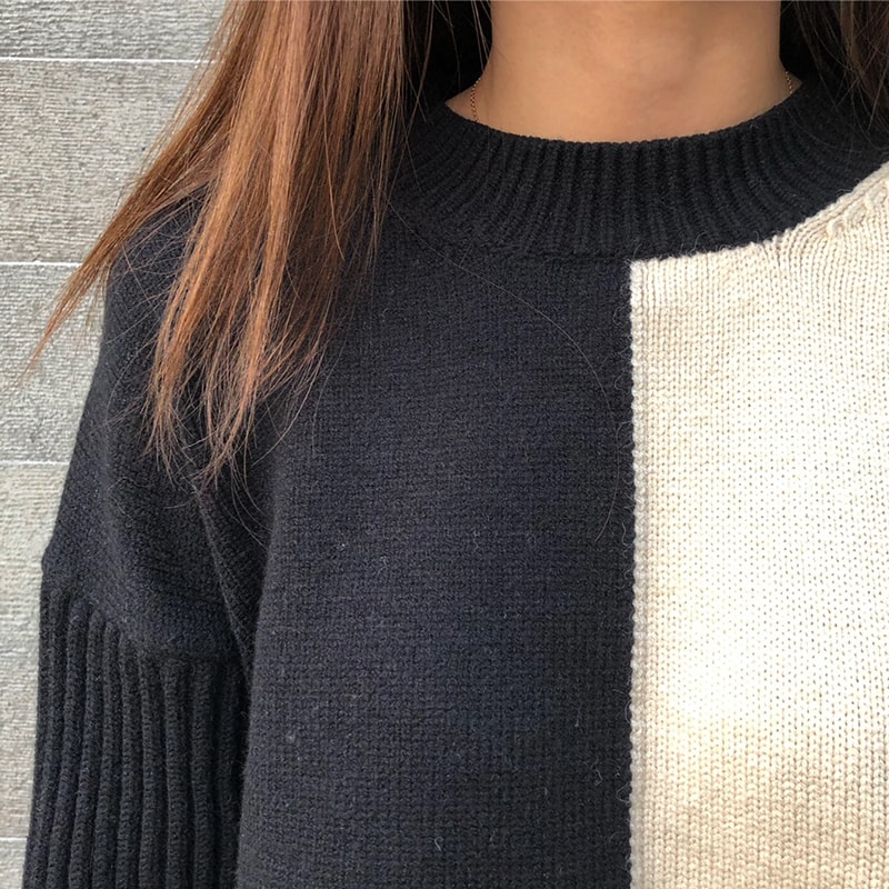 Color Block Wool Sweater With Collar Black S