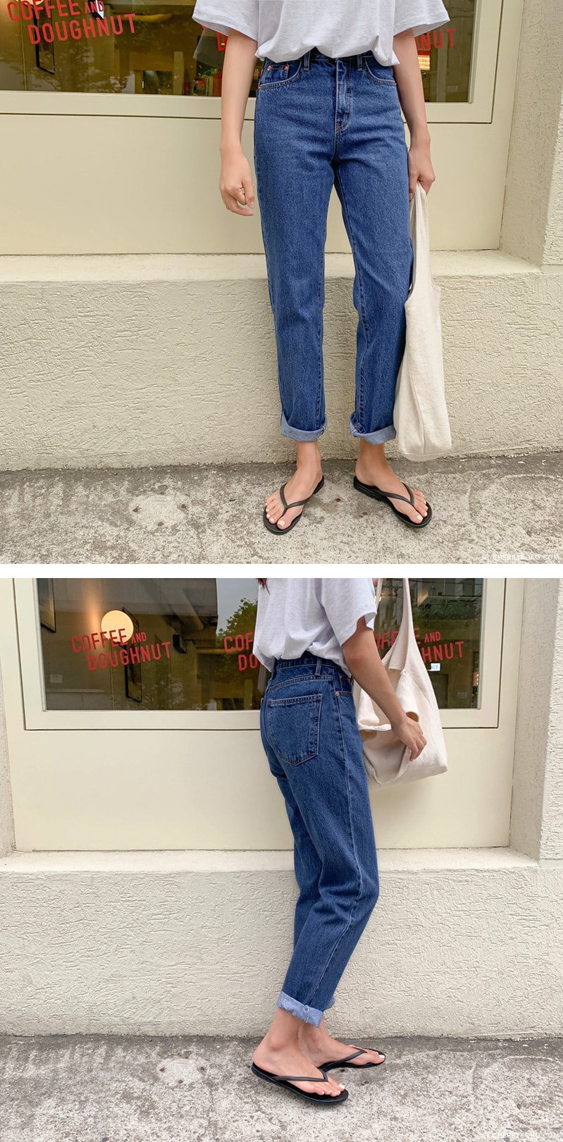 【韩国直邮】CHERRYKOKO 夏季简约纯色舒适中腰牛仔裤 深青色 M