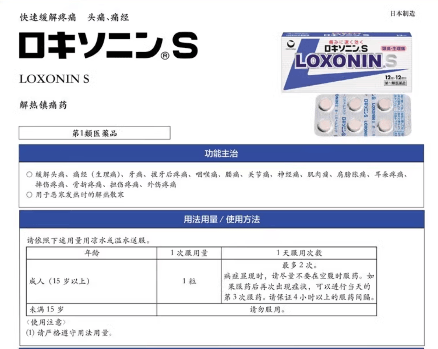 【日本直郵】第一三共樂松LOXONIN.S緩解生理痛頭痛解熱止痛藥普通款12片