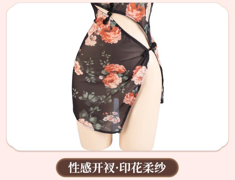 【中國直郵】 曼煙 情趣內衣 性感復古旗袍斜襟印花開衩長裙 黑色 均碼