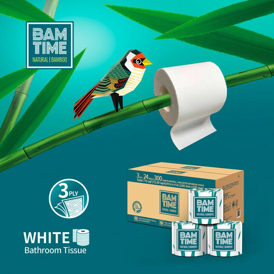 Bamtime 纯竹浆3 层24卷单独包装卫生纸卷纸- 亚米