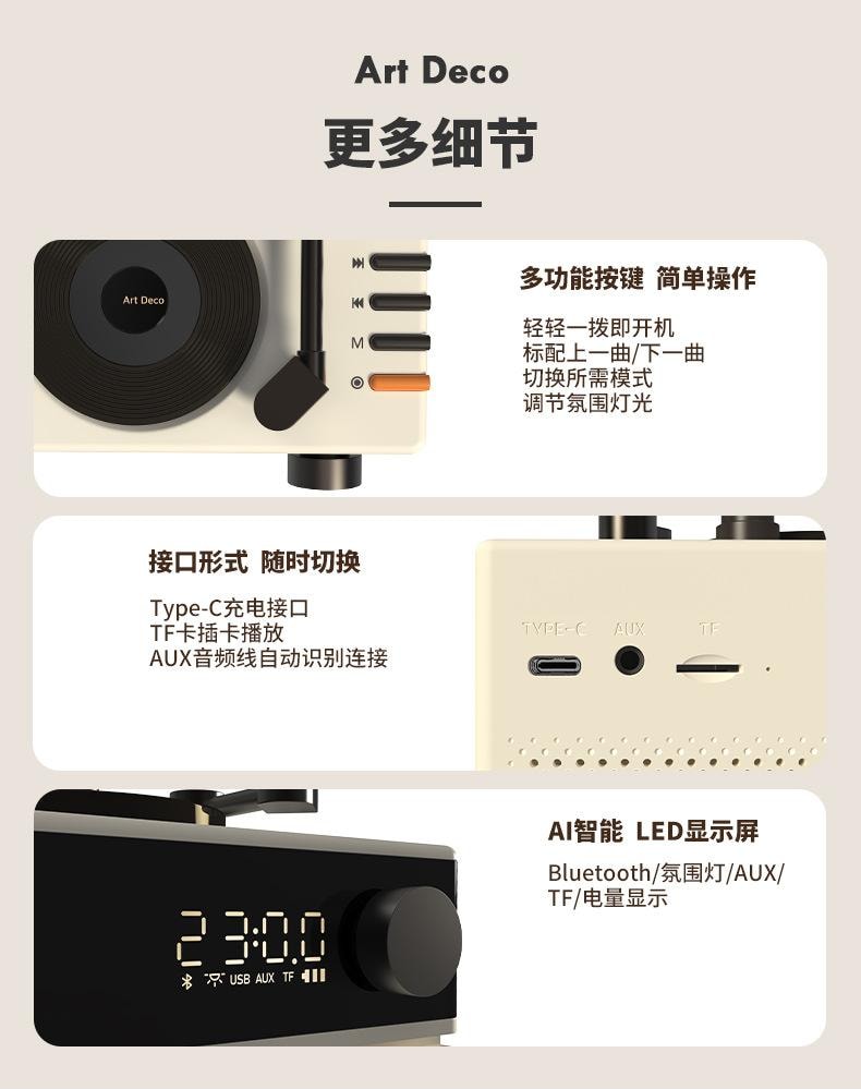 【中国直邮】 HOLIHEYO 复古摩登Art Deco蓝牙音箱插卡户外便携无线音响低音炮多功能时钟 阿尔白色 一台装