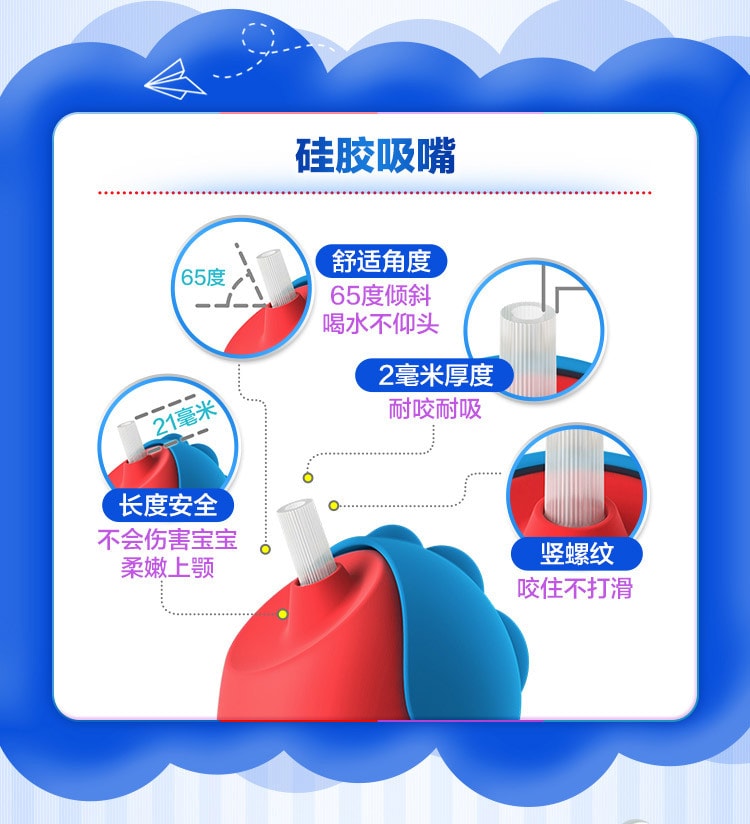 新安怡宝宝学饮杯儿童水杯可爱卡通宝宝吸管杯婴儿防漏恐龙杯 两支装红紫