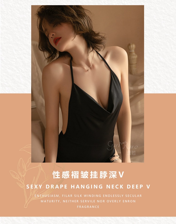 【中國直郵】瑰若 性感 深v開叉 鏈條露背掛脖睡裙 夜店 家居服 睡衣 黑色 M碼