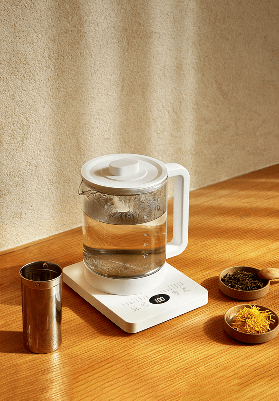 OLAYKS 宿舍/宿舍神器 养生壶 静音快煮 多功能 煮茶 花茶 炖汤 玻璃烧水壶 自动保温 梨花壶 家用便捷 1.5L 陶白色  100-220V通用 美国直接使用无需变压