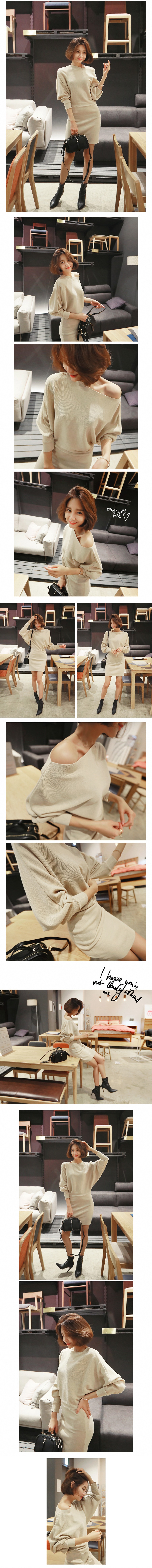 KOREA [Free Shipping] Batwing Knitted Dress #Beige One Size(S-M)