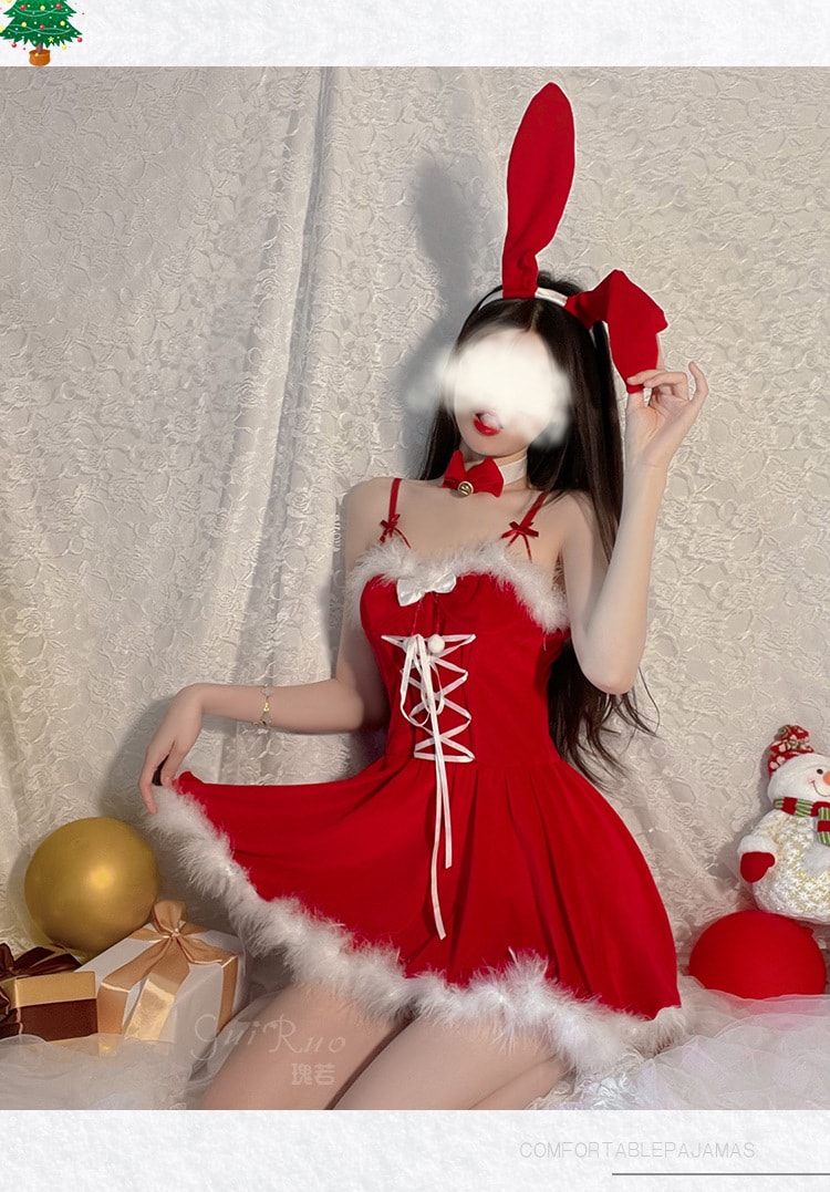 【中國直郵】瑰若 情趣內衣 兔女郎聖誕裝套裝 均碼 酒紅色(聖誕節成人專屬禮物)