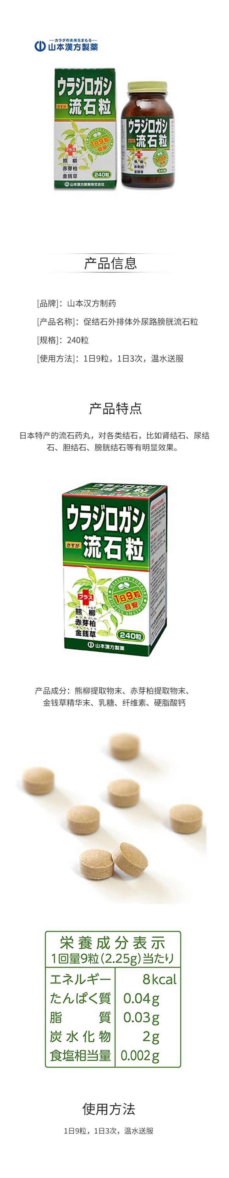 【日本直郵】YAMAMOTO山本漢方製藥 促結石外排體外泌尿道膀胱流石粒 240粒