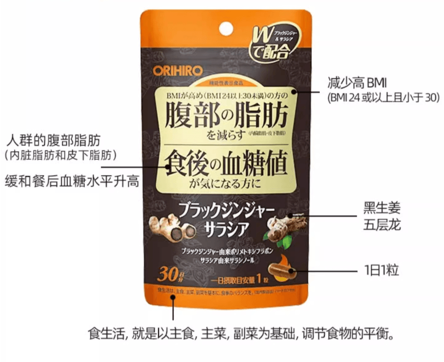【日本直邮】 ORIHIRO欧力喜乐黑生姜腹部脂肪胶囊五层龙降内脏血糖30粒