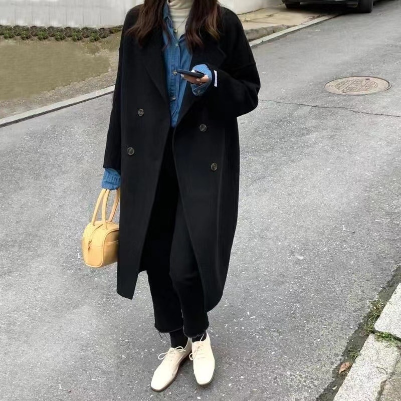 【中国直邮】爪哇岛 冬季长款 双面羊毛大衣 韩版宽松呢子外套 燕麦色-S码
