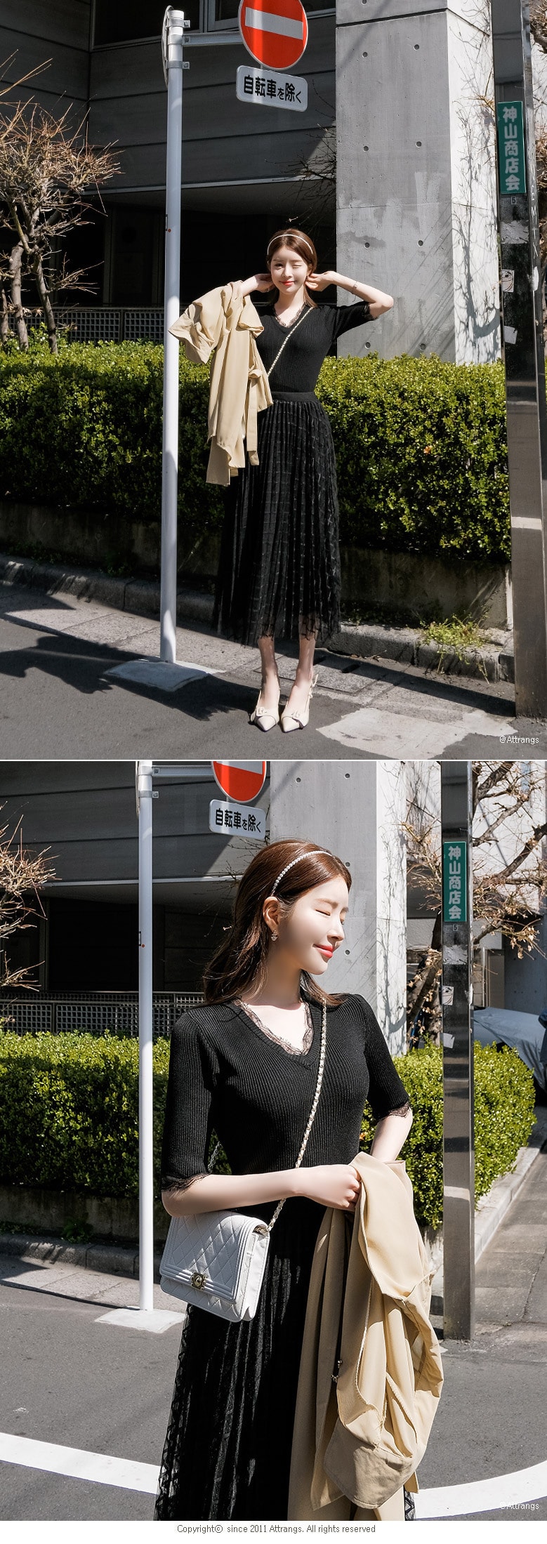 【韩国直邮】ATTRANGS 蕾丝领修身五分袖针织上衣+半身长裙套装 黑色 均码