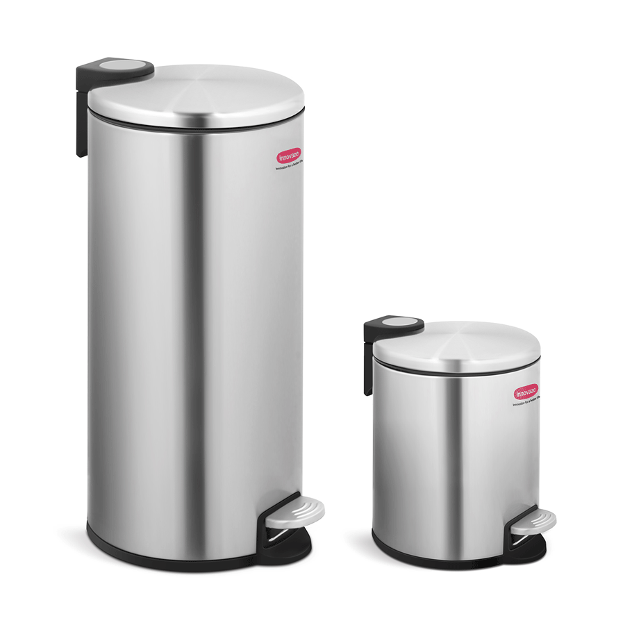 Stylish Step Trash Can Round Garage Bin with Plastic Inner Bucket for Bathroom Kitchen Office - 5L+30L Silver