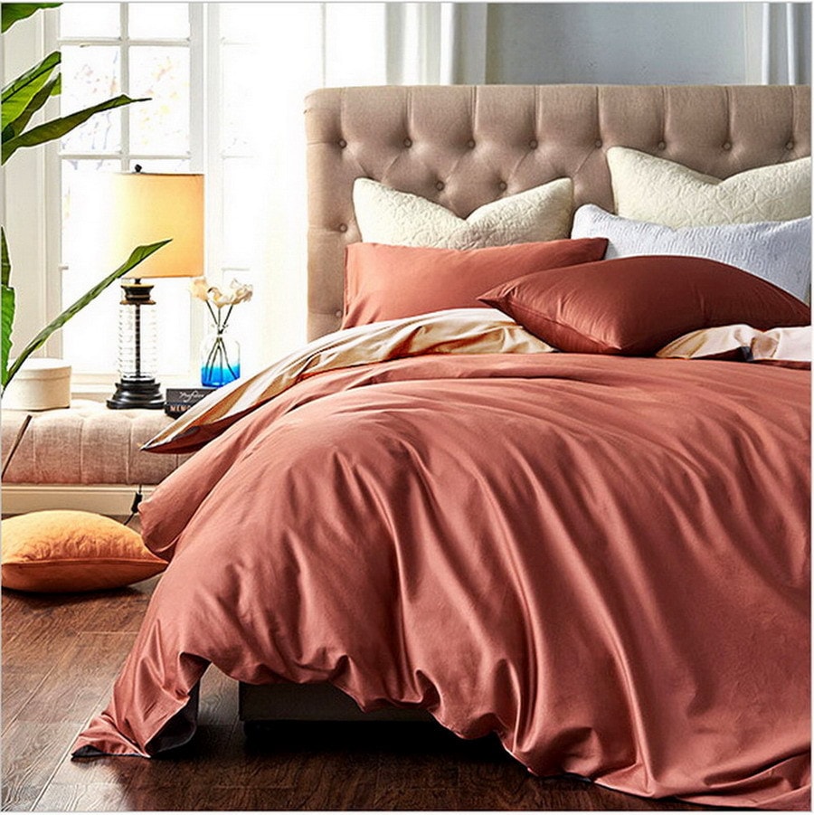 J.F.AMIEE 纯棉埃及棉800根高档长绒棉 正反两色被套三件套 被套枕套 玫瑰红/卡其 Queen/King