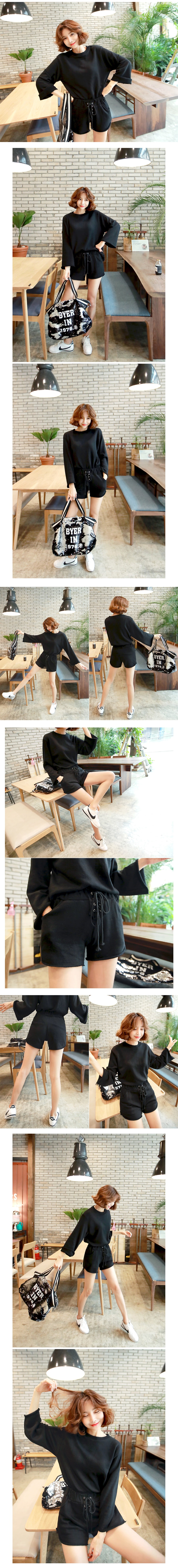 KOREA Frayed Sweatshirt+Sweatshorts 2 Pieces #Black One Size(S-M) [Free Shipping]