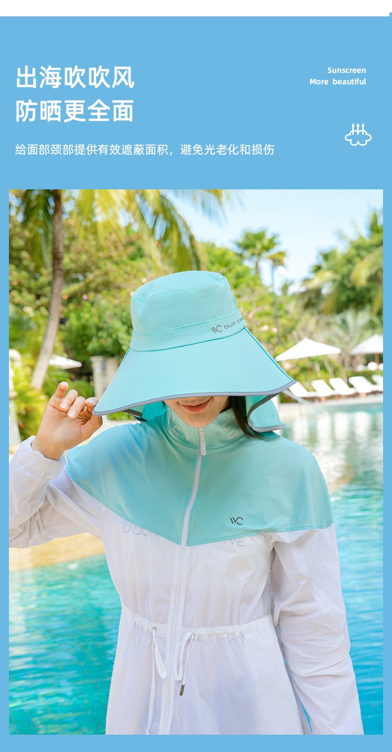 【中國直郵】VVC 防曬防紫外線沙灘遮陽帽遮臉休閒運動戶外太陽帽護臉面罩一組 淡藍色