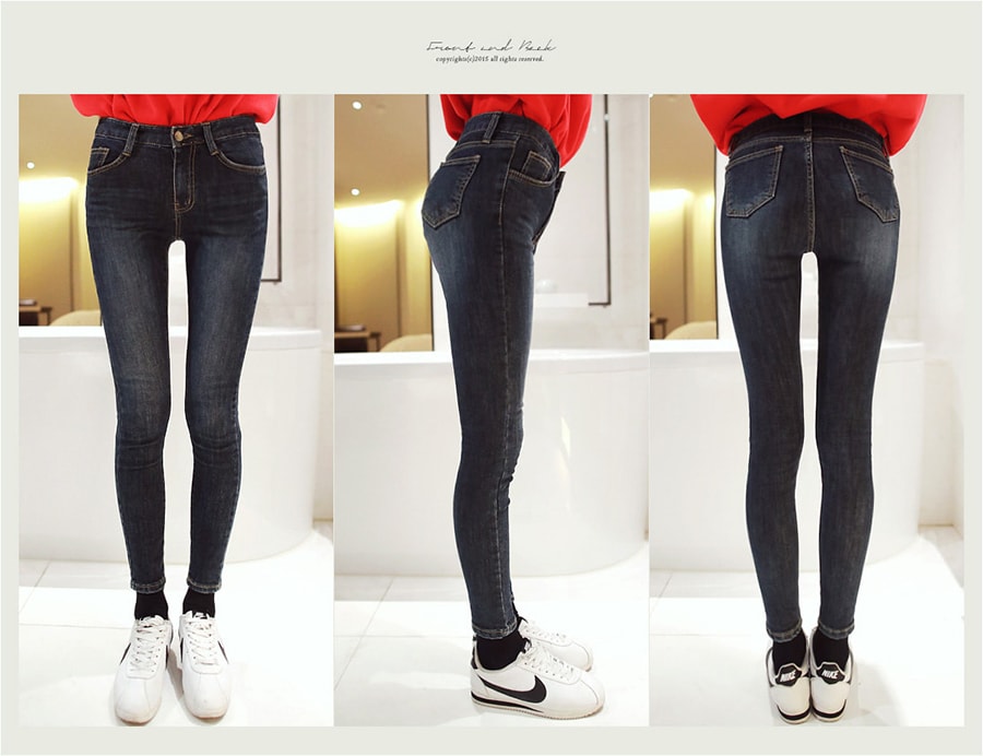 [KOREA] Fleece Lined Slim Skinny Jeans #Deep Blue M(27-28) [Free Shipping]
