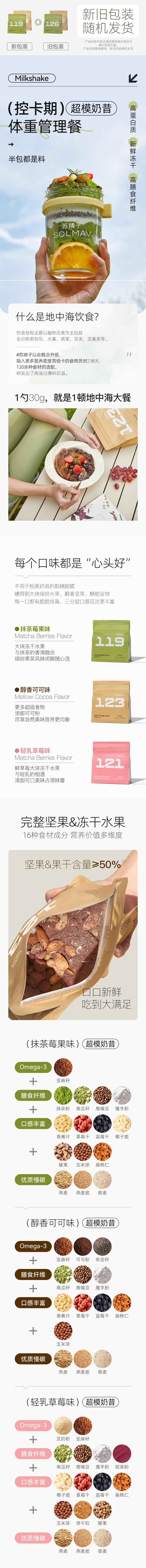 【中國直郵】 蘇晴子 代餐奶昔減肥餐 飽腹高蛋白營養早餐 沖泡即食 【抹茶莓1袋400g】15天地中海餐