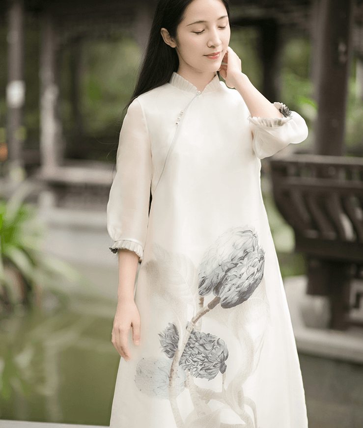 【中国直邮】简微娜 2019唐装中式女装复古印花百褶连衣裙 白色#1件
