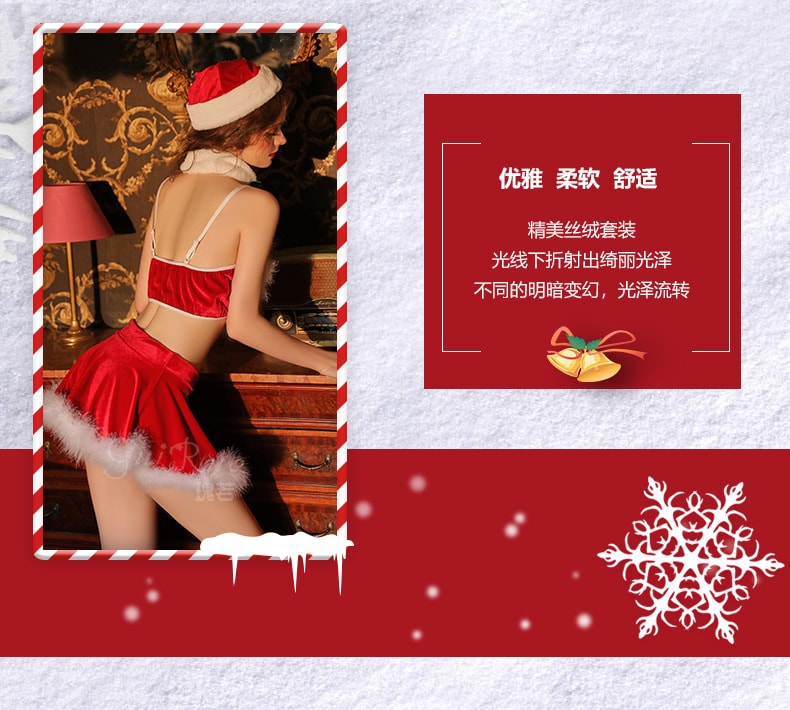【中國直郵】瑰若 絲絨 愛心吊帶 聖誕睡裙 性感制服套裝 情趣內衣 紅色 L碼