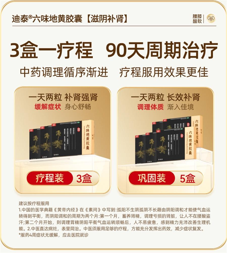 【中国直邮】 迪泰 六味地黄胶囊 补肾固精强肾男士中药遗精肾虚亏60粒/盒