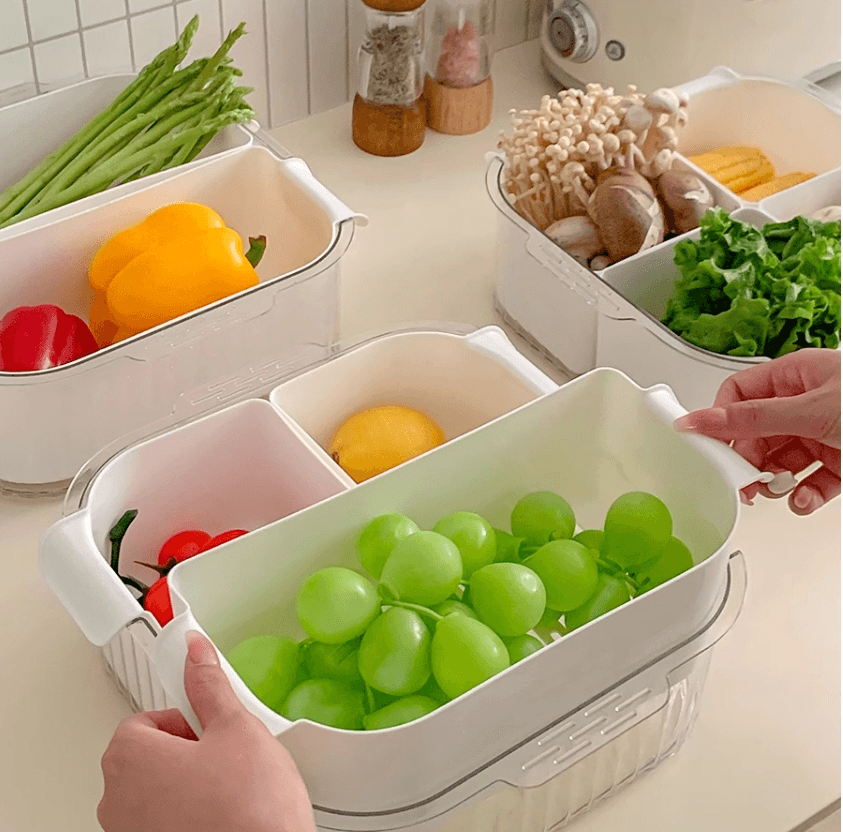 双层厨房火锅备菜盘食品级分格沥水收纳盒洗菜家用多功能沥水篮#白色四格一件入