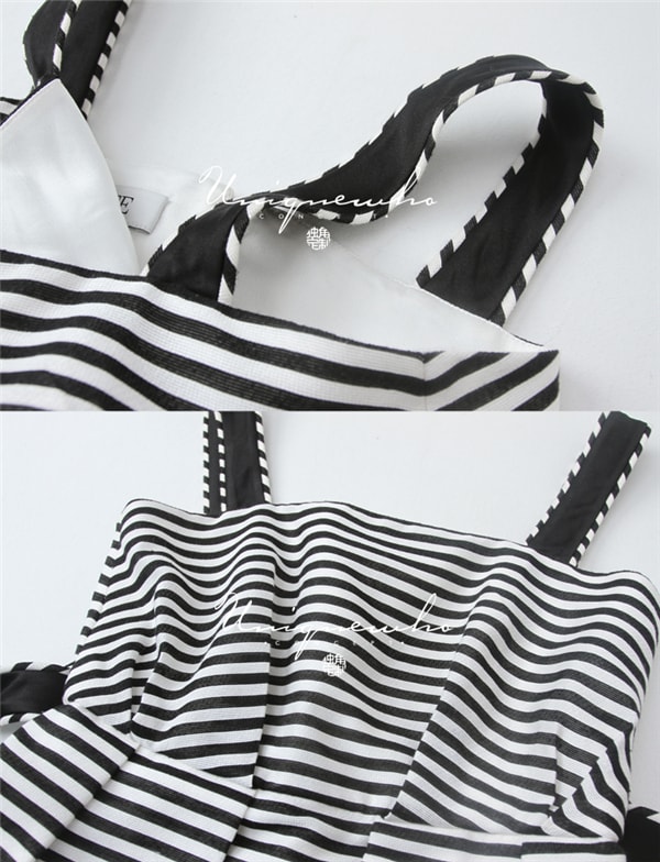 Black and White Stripe Bowknot Belted Long Slip Dress for Girls Women XS