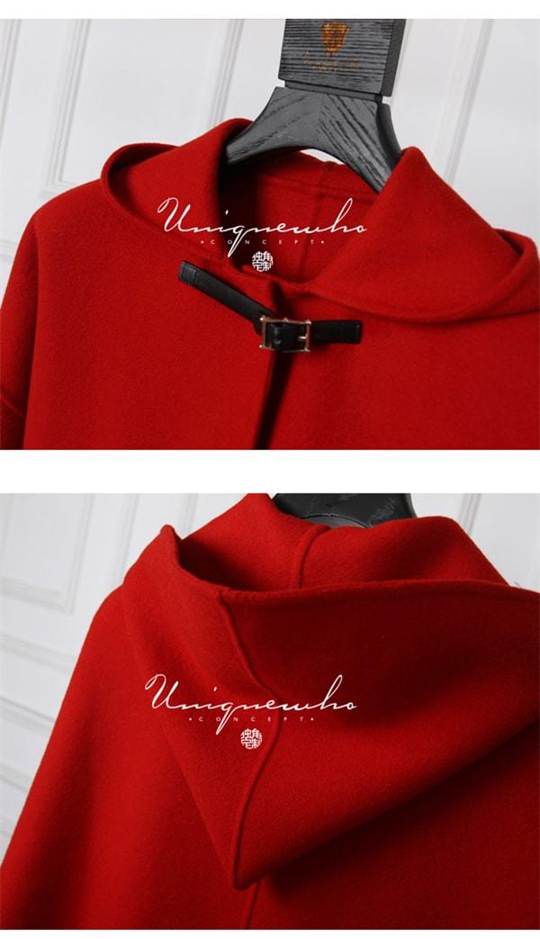 Red Hooded Wool Double-faced Woolen Coat XS