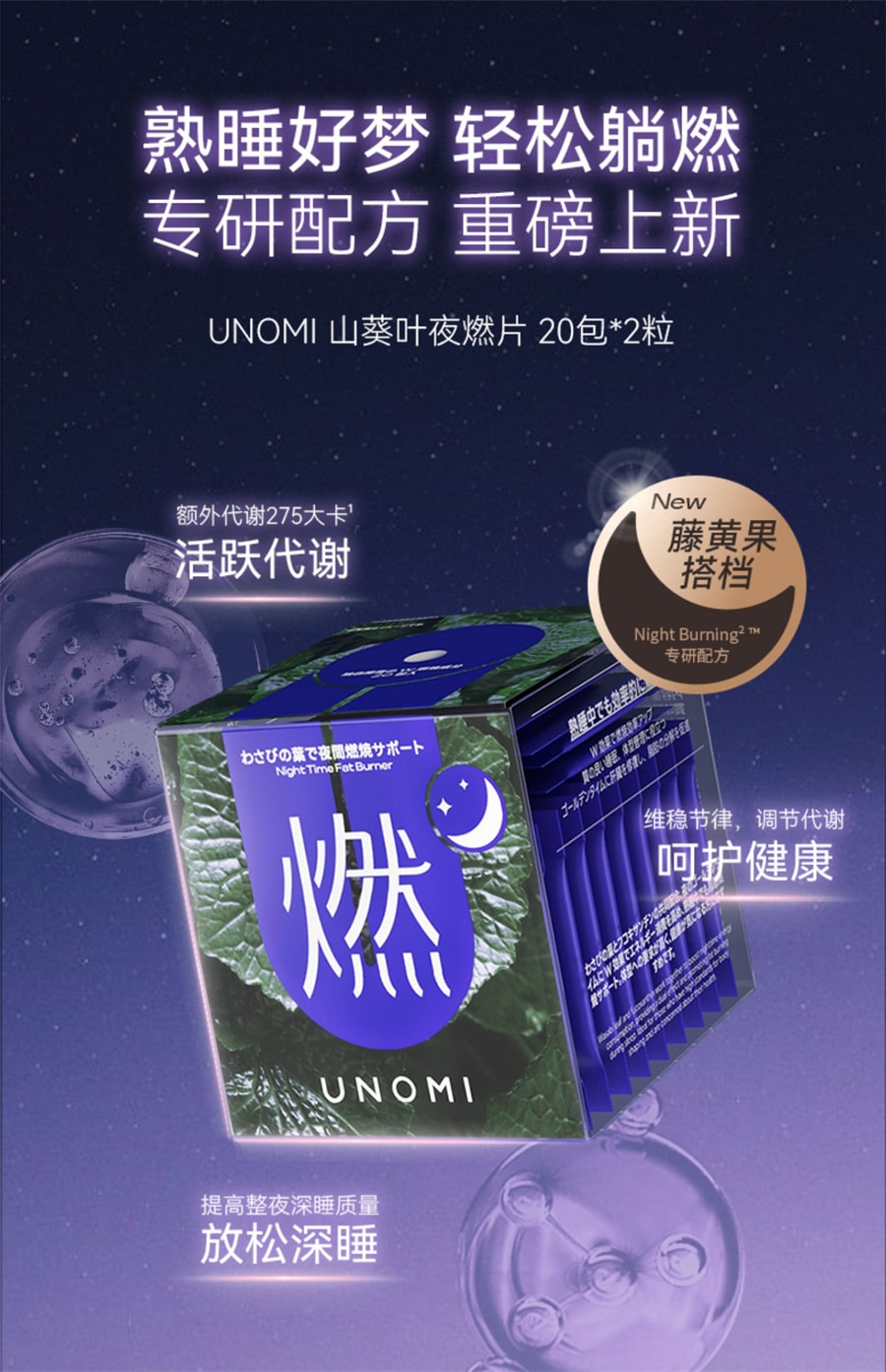 【中國直郵】UNOMI 燃山葵葉夜燃片熱控片睡眠改善夜間身材管理碳水燃燒晚安片 20包*2粒