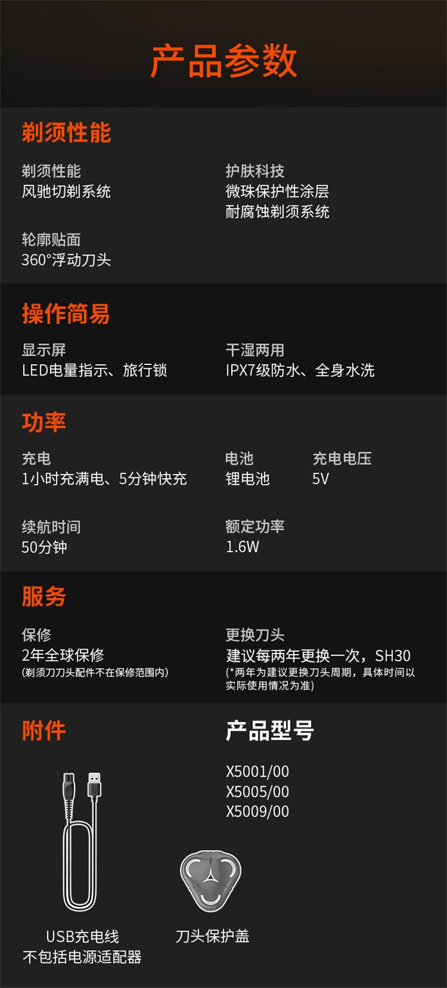 【中國直郵】飛利浦 男士電動刮鬍刀蜂巢5X刮鬍刀鬍鬚刀親膚便攜 黑色 X5001