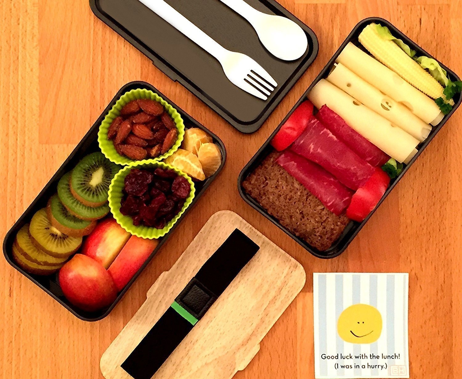 Bento Box Leakproof 2 Tier with Cutlery Lunch Box Microwave BPA Free All-in-One - Bamboo Black