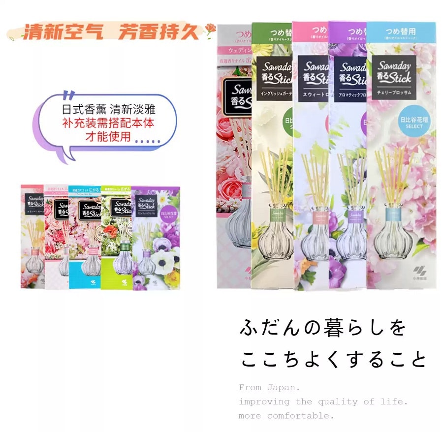 日本KOBAYASHI小林製藥 SAWADAY 精油配方室內香薰棒空氣清新劑 補充裝 70ml 英式花園香