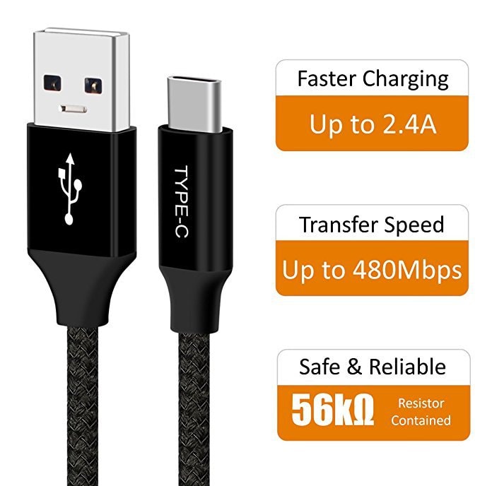 USB Certified Type C Cable (Black) USB C to USB A Charger (6.6ft 2 Pack) Nylon Braided Fast Charging Cord