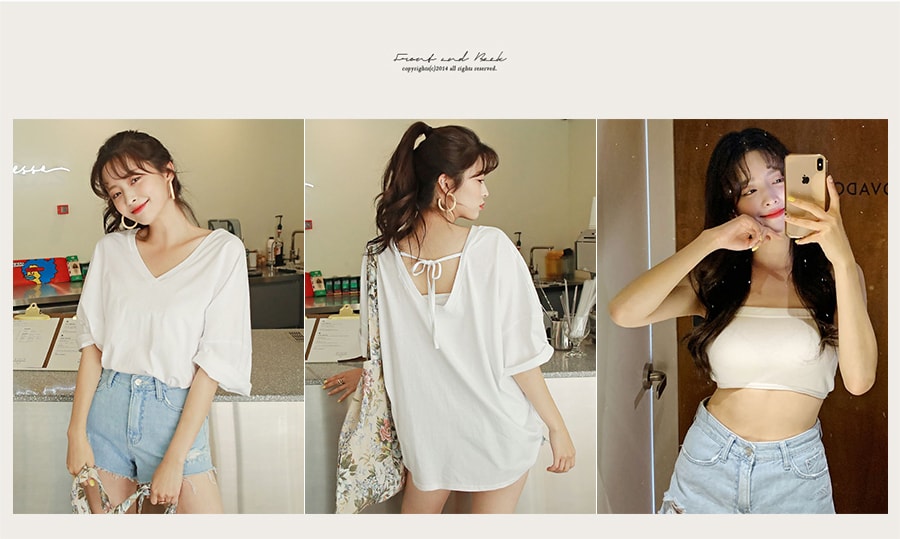 V-Neck Tie Back T-Shirt+Crop Tube Top 2 Pieces Set #White One Size(Free)