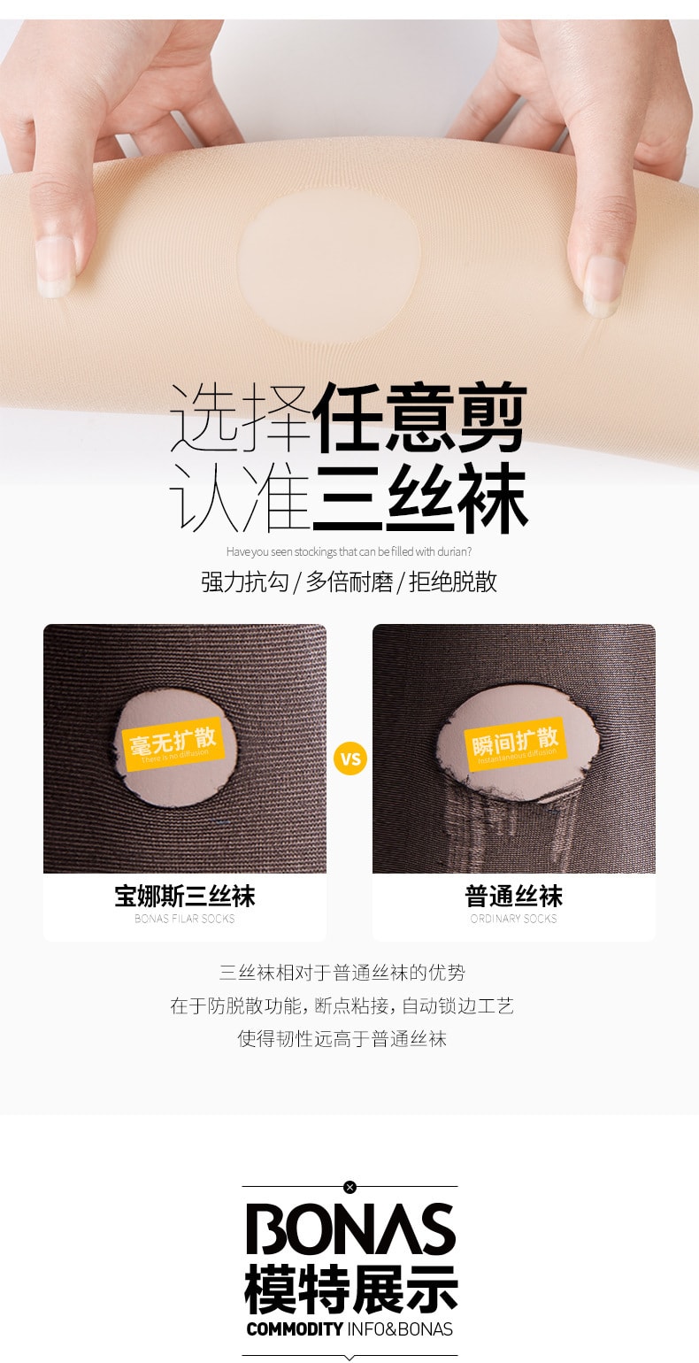 【中国直邮】宝娜斯 夏季新款菠萝丝袜 15D薄款性感袜子 黑色15D-无痕T裆