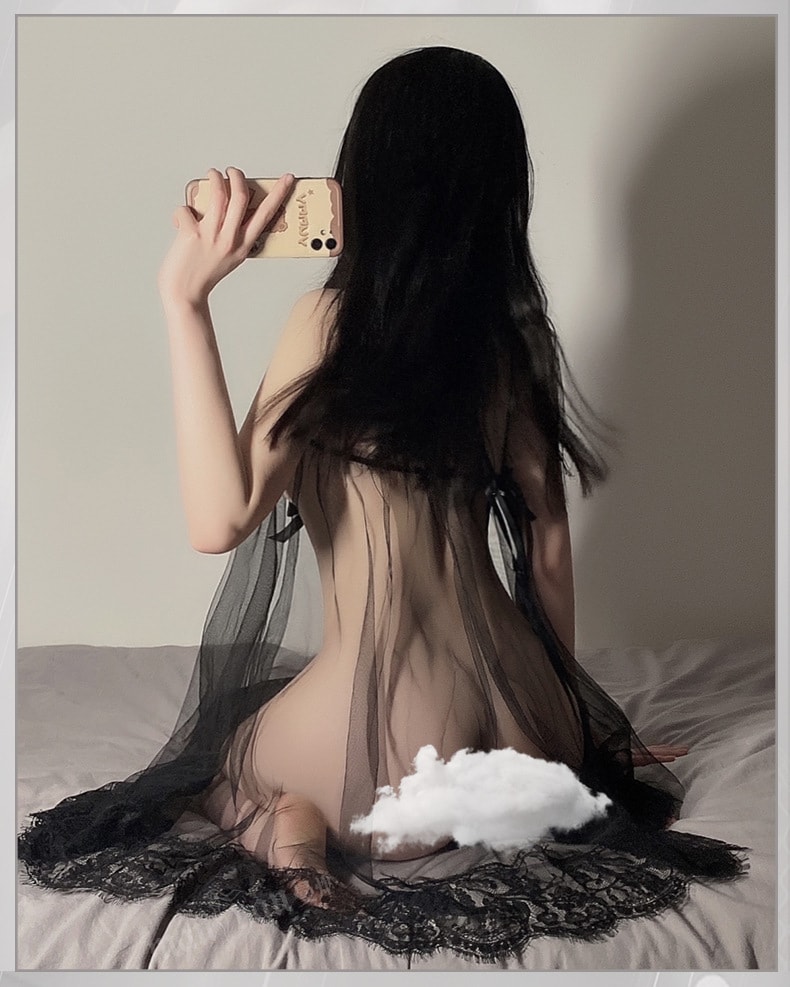 中國 曼煙 性感透視網紗蕾絲吊帶繫帶開衩睡裙 黑色均碼