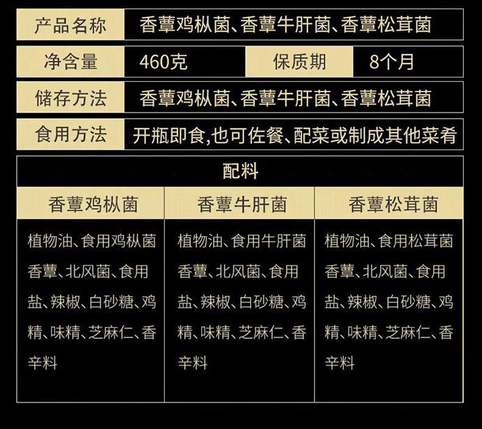 【中国直邮】 菌香传奇 山珍三味组合菌 鸡枞菌牛肝菌松茸菌 220g*3瓶