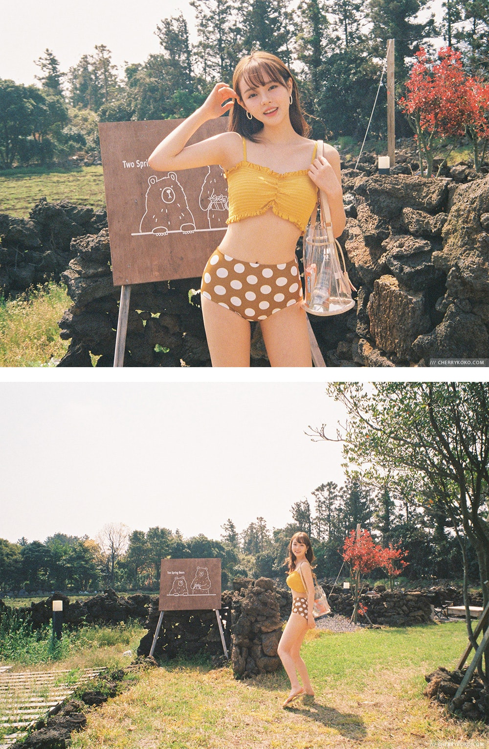 【韩国直邮】CHERRYKOKO 吊带+半身裙款分体圆点泳衣泳装 黄色 free