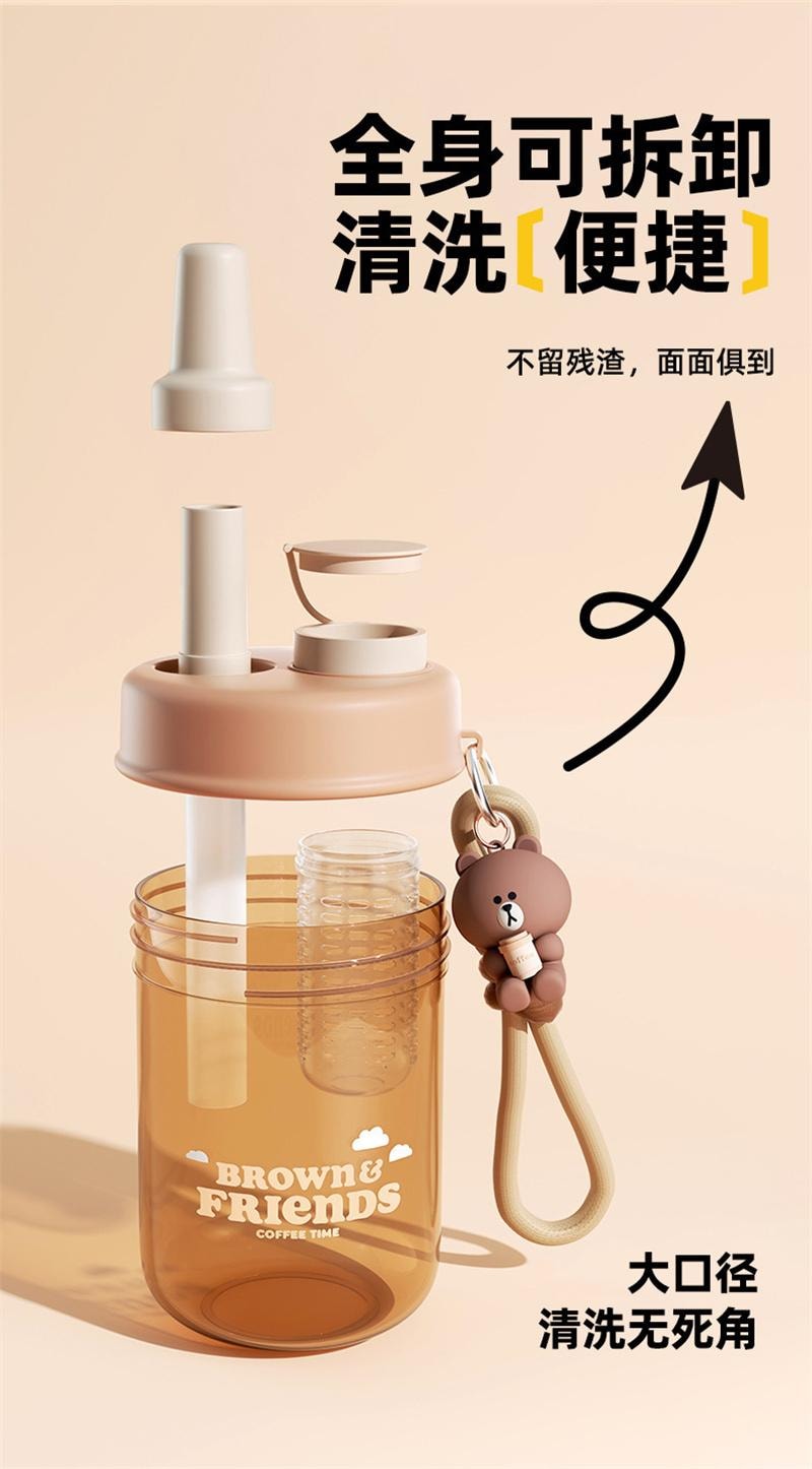【中国直邮】日本 LINE FRIENDS 吸管杯耐热水杯便携水壶夏天喝水杯子 布朗熊-夏日蓝400ml 1个